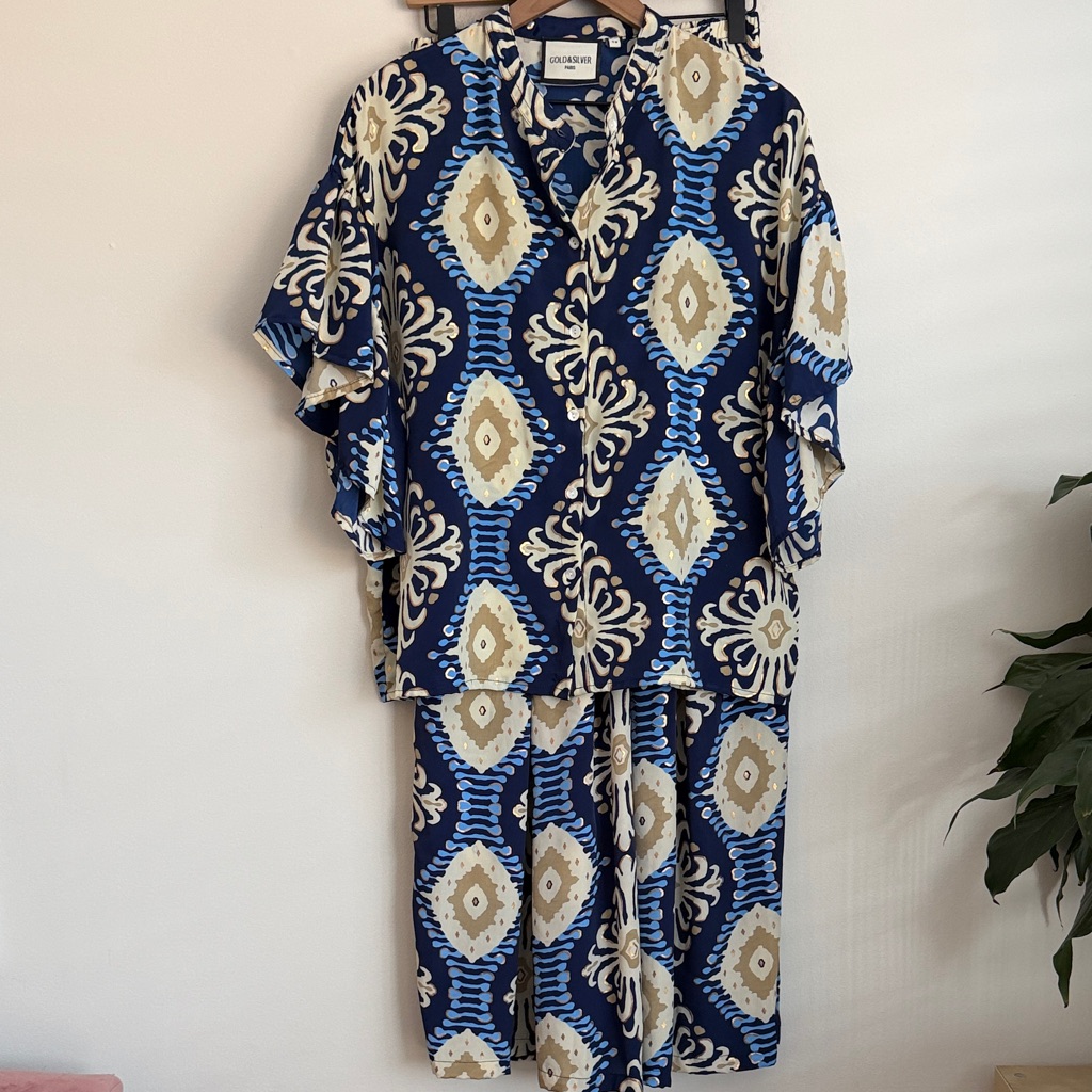 Gold & Silver Paris Button Up Shirt Palazzo Wide Leg Pants Set Oversized Flowy